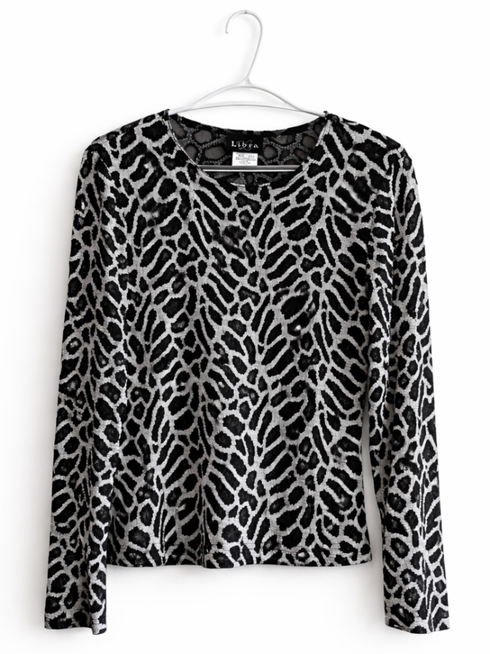 Vintage 80s Libra Black Silver Mesh Animal Print Blouse – Size Small EUC